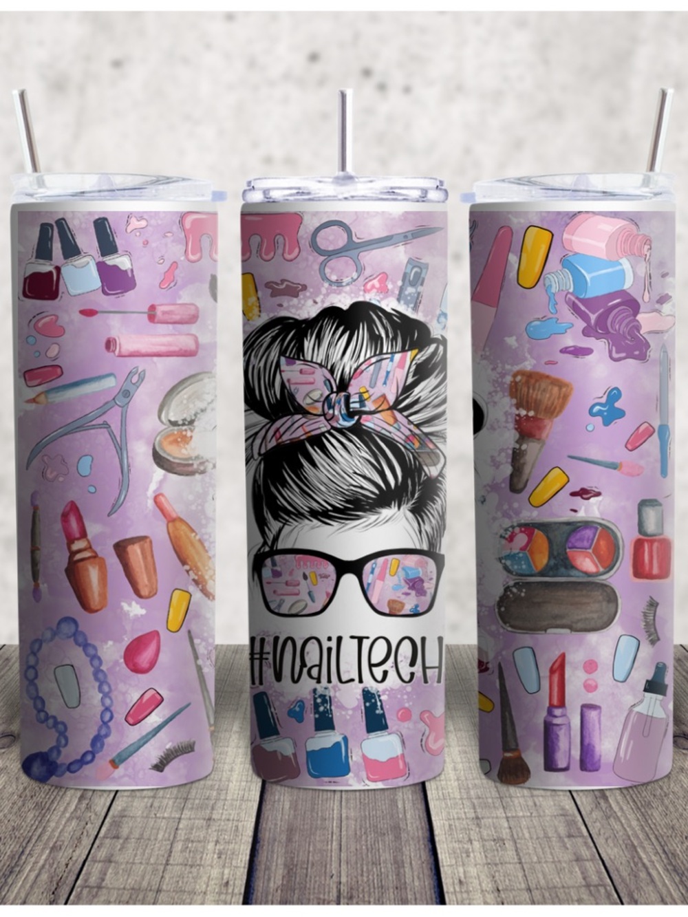 Hand Crafted Purple Nail Tech Makeup Tumbler